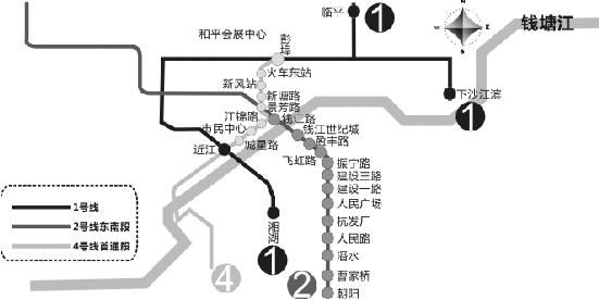 杭州地铁1、2、4号线 部分线路示意图 制图 陈骁