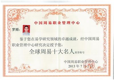店主获得的“易经大师”证书。来自“中国易经风水官网”