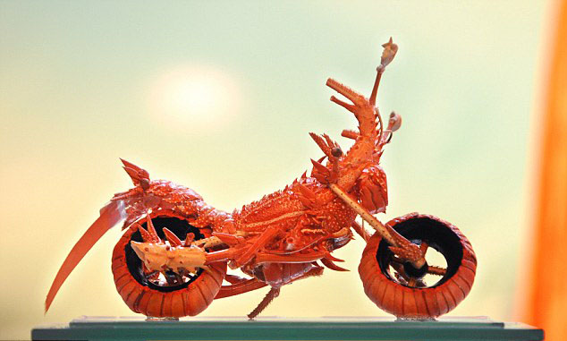 台湾大厨巧用龙虾打造摩托车模型